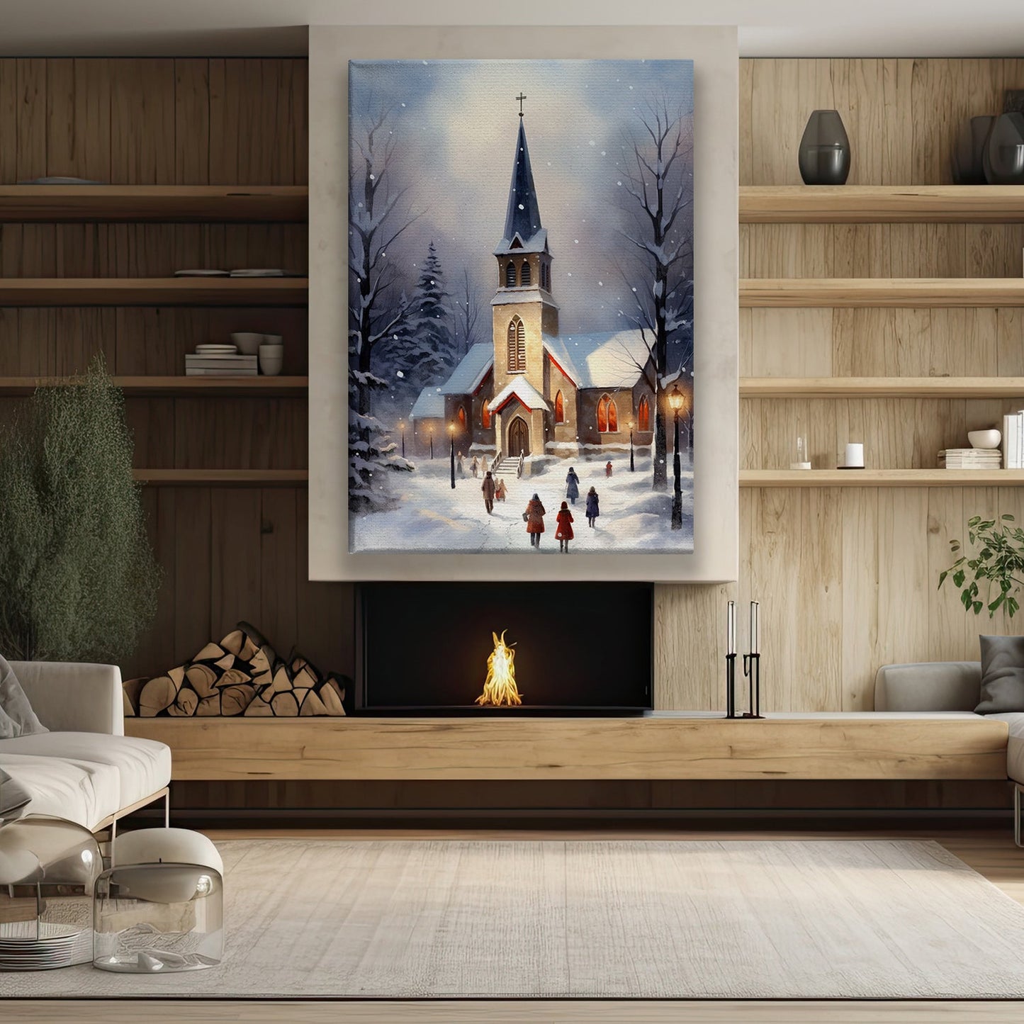 Snowy Evening Service Faithful Hearts Gathered in Winter's Embrace, Christmas Canvas Painting, Xmas Wall Art Decor - Christmas Poster Gift