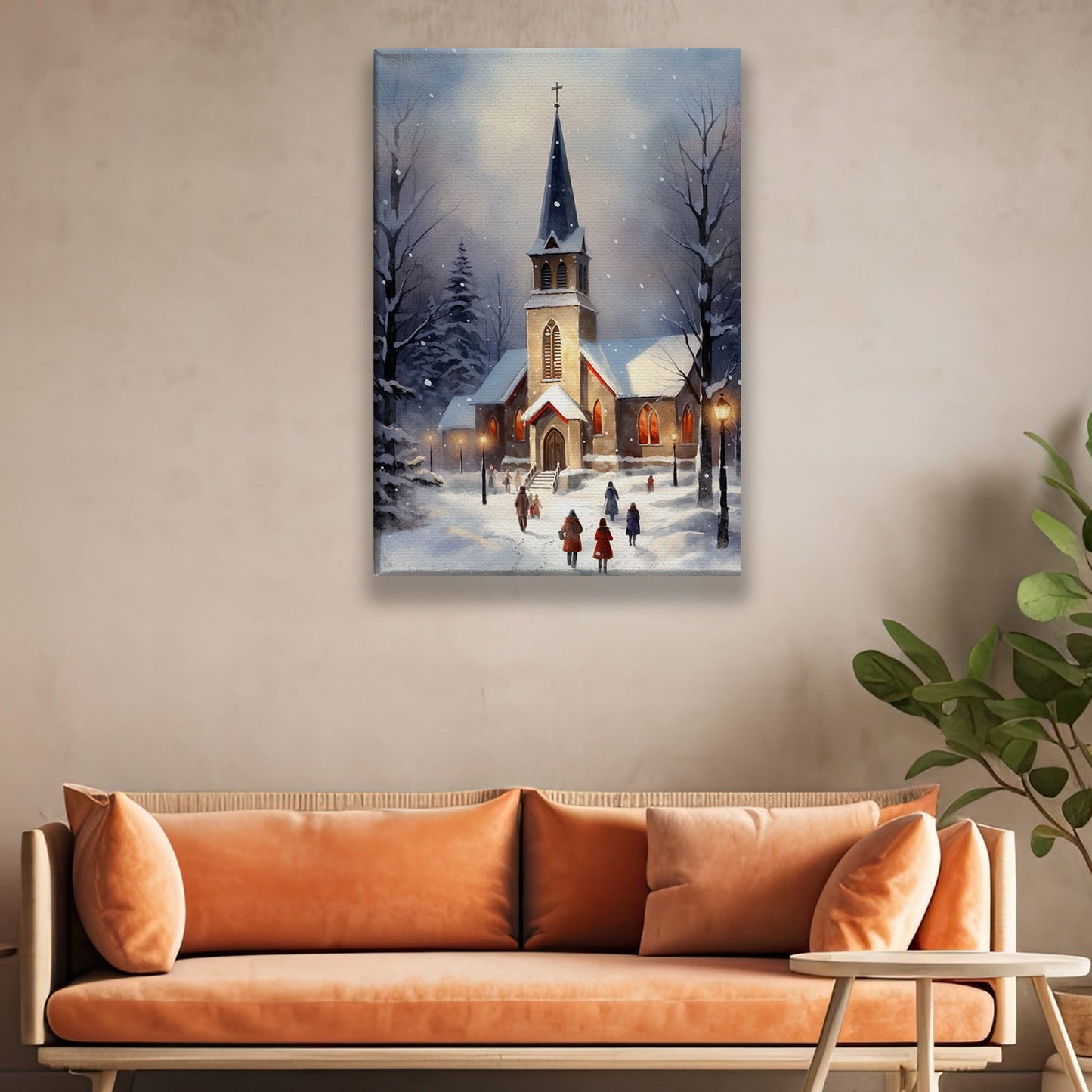 Snowy Evening Service Faithful Hearts Gathered in Winter's Embrace, Christmas Canvas Painting, Xmas Wall Art Decor - Christmas Poster Gift