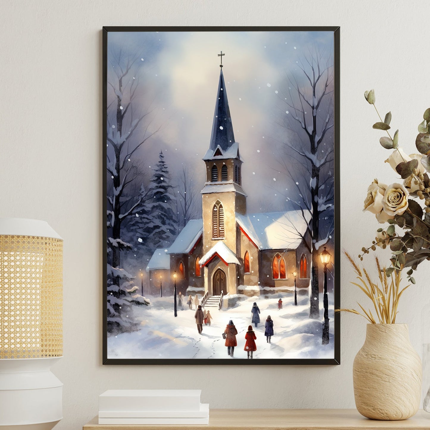 Snowy Evening Service Faithful Hearts Gathered in Winter's Embrace, Christmas Canvas Painting, Xmas Wall Art Decor - Christmas Poster Gift