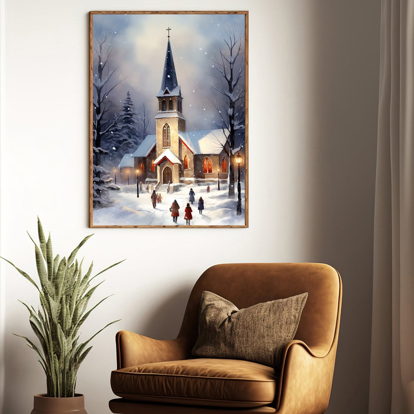 Snowy Evening Service Faithful Hearts Gathered in Winter's Embrace, Christmas Canvas Painting, Xmas Wall Art Decor - Christmas Poster Gift