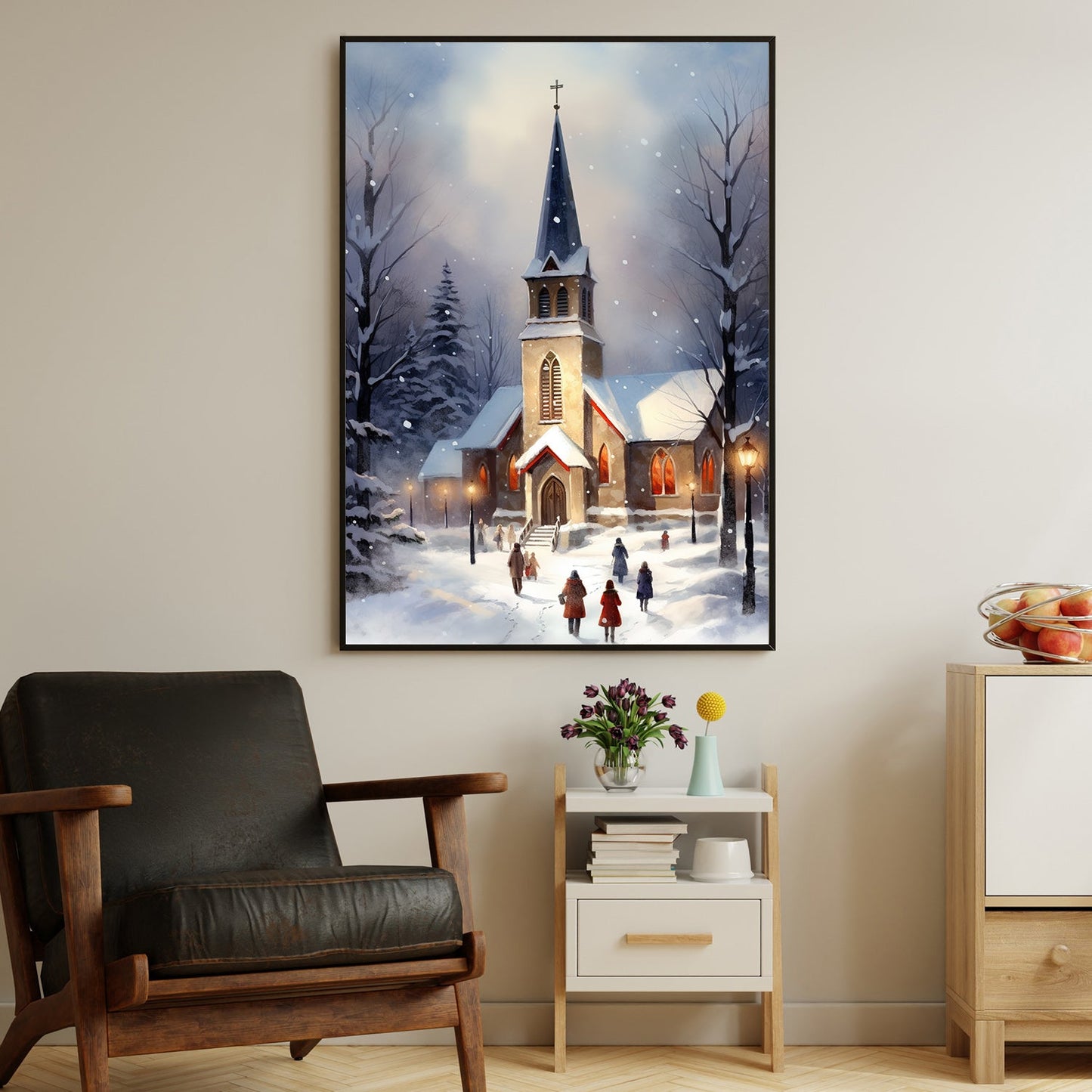 Snowy Evening Service Faithful Hearts Gathered in Winter's Embrace, Christmas Canvas Painting, Xmas Wall Art Decor - Christmas Poster Gift