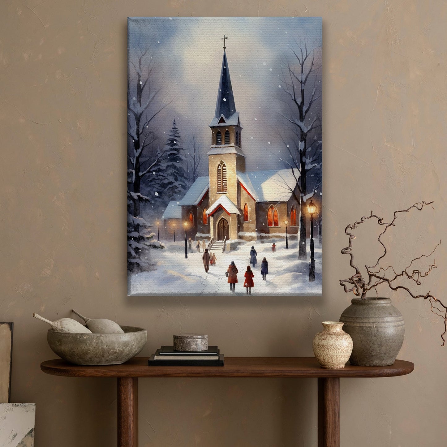 Snowy Evening Service Faithful Hearts Gathered in Winter's Embrace, Christmas Canvas Painting, Xmas Wall Art Decor - Christmas Poster Gift