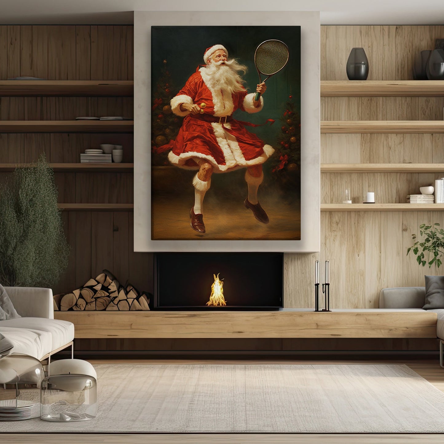 Santa's Court Game Serving Joy and Cheer in Festive Stride, Christmas Canvas Painting, Xmas Wall Art Decor - Christmas Poster Gift For Tennis Lovers