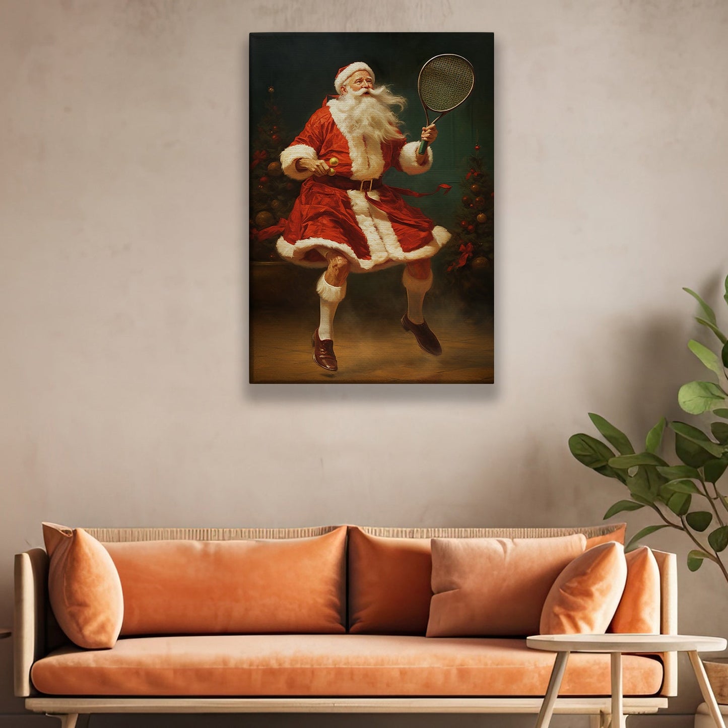 Santa's Court Game Serving Joy and Cheer in Festive Stride, Christmas Canvas Painting, Xmas Wall Art Decor - Christmas Poster Gift For Tennis Lovers