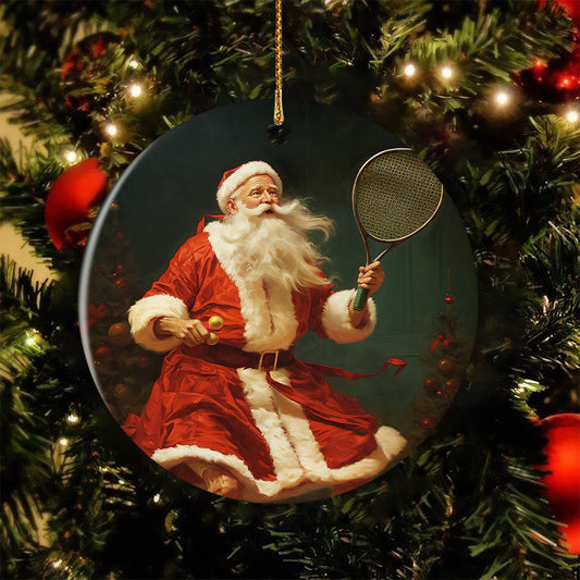 Serving Joy and Cheer in Festive Stride, Santa Claus Circle Ceramic Ornament Christmas Gift For Tennis Lovers