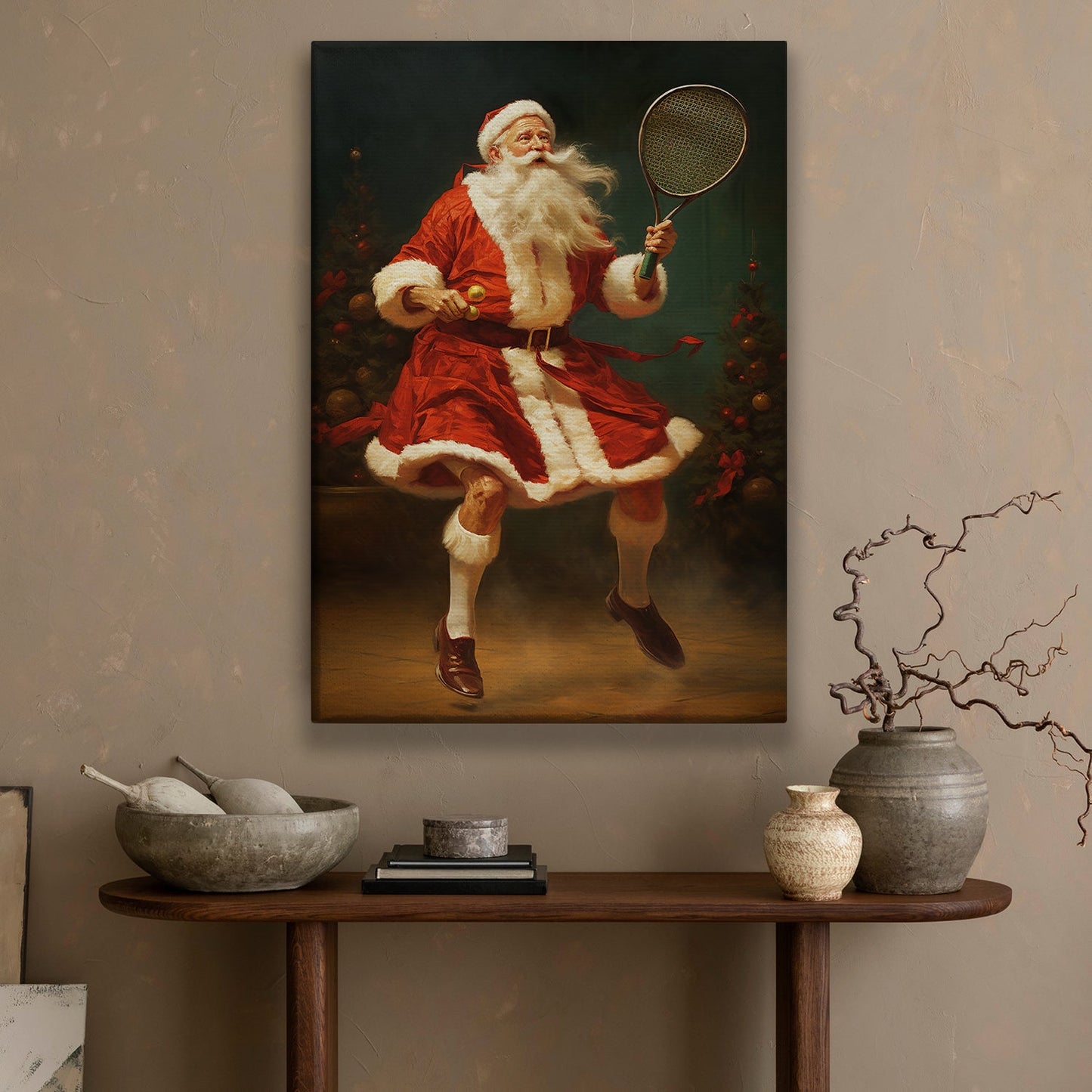 Santa's Court Game Serving Joy and Cheer in Festive Stride, Christmas Canvas Painting, Xmas Wall Art Decor - Christmas Poster Gift For Tennis Lovers