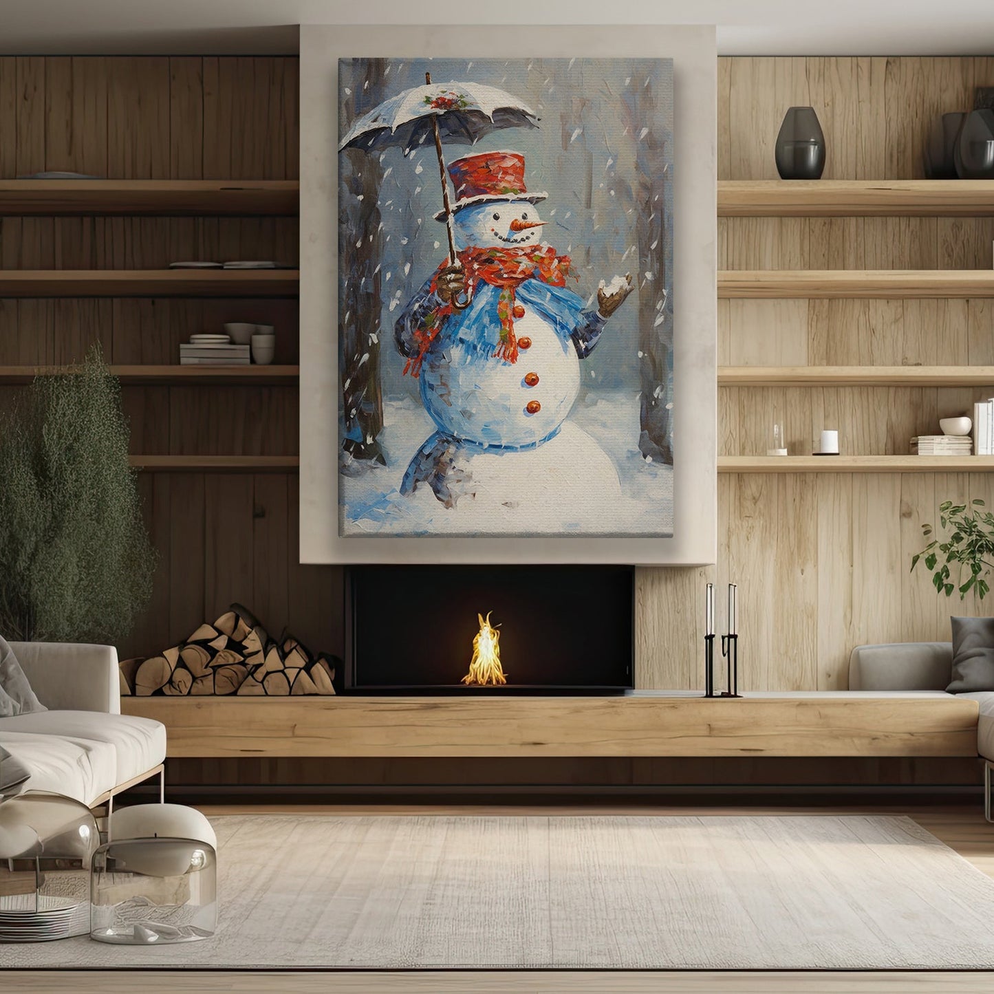 Snowman's Winter Waltz Braving the Flurry with Elegance and Cheer, Christmas Canvas Painting, Xmas Wall Art Decor - Christmas Poster Gift For Snowman Lovers