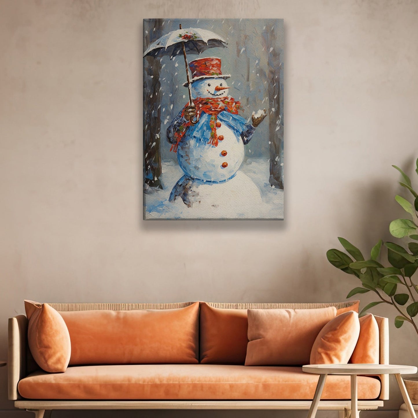 Snowman's Winter Waltz Braving the Flurry with Elegance and Cheer, Christmas Canvas Painting, Xmas Wall Art Decor - Christmas Poster Gift For Snowman Lovers