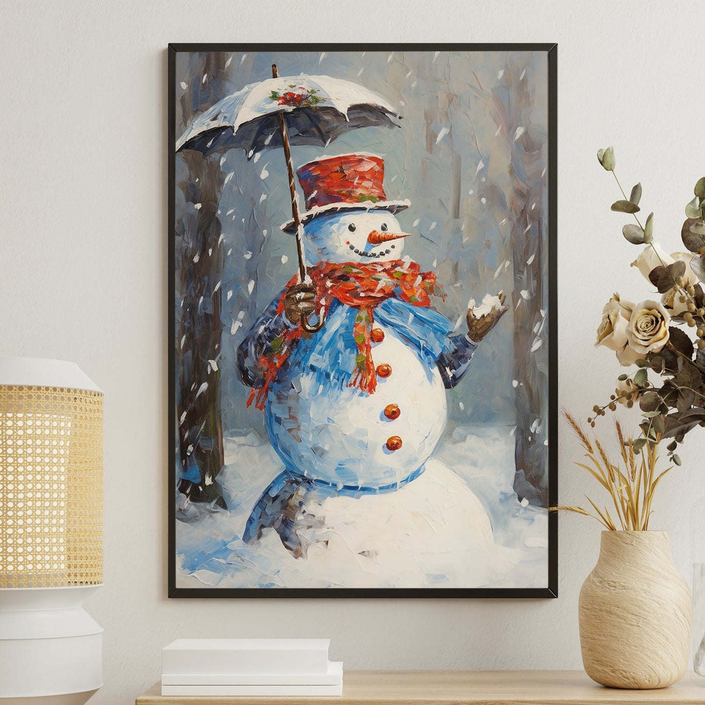 Snowman's Winter Waltz Braving the Flurry with Elegance and Cheer, Christmas Canvas Painting, Xmas Wall Art Decor - Christmas Poster Gift For Snowman Lovers