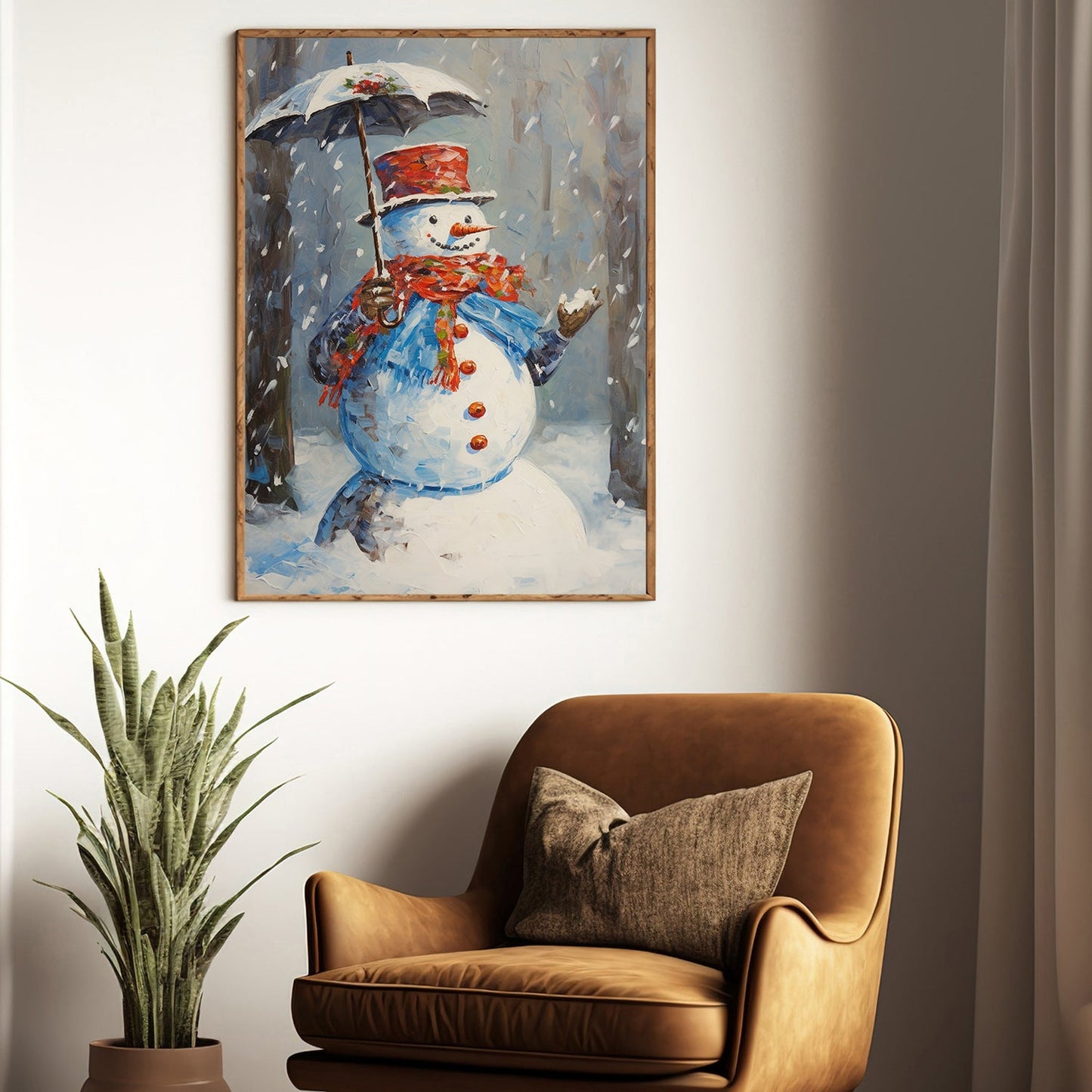 Snowman's Winter Waltz Braving the Flurry with Elegance and Cheer, Christmas Canvas Painting, Xmas Wall Art Decor - Christmas Poster Gift For Snowman Lovers