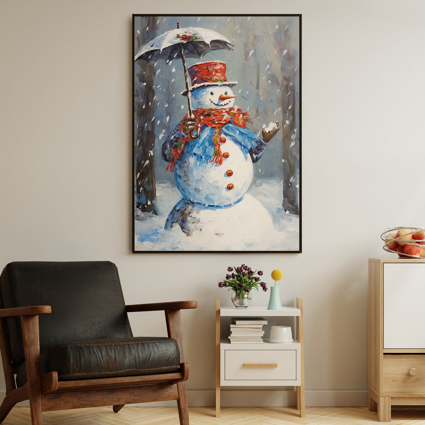 Snowman's Winter Waltz Braving the Flurry with Elegance and Cheer, Christmas Canvas Painting, Xmas Wall Art Decor - Christmas Poster Gift For Snowman Lovers