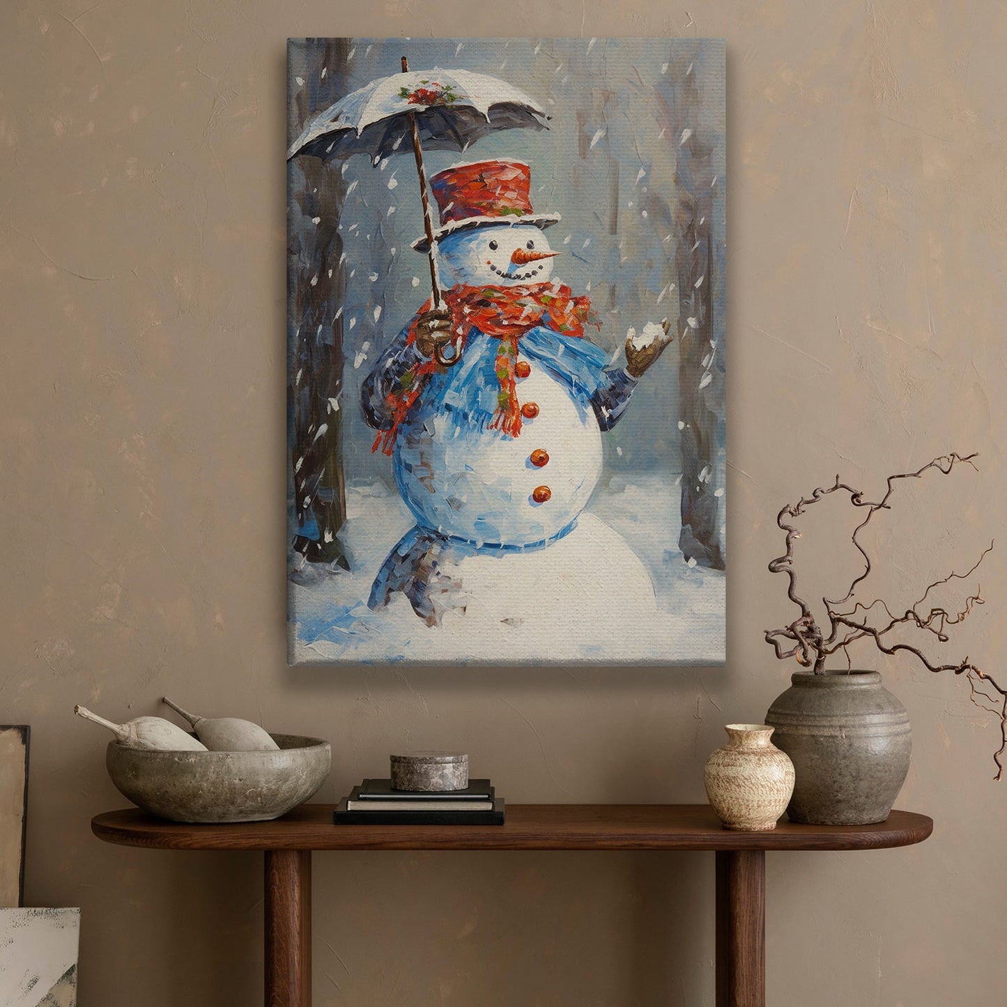 Snowman's Winter Waltz Braving the Flurry with Elegance and Cheer, Christmas Canvas Painting, Xmas Wall Art Decor - Christmas Poster Gift For Snowman Lovers