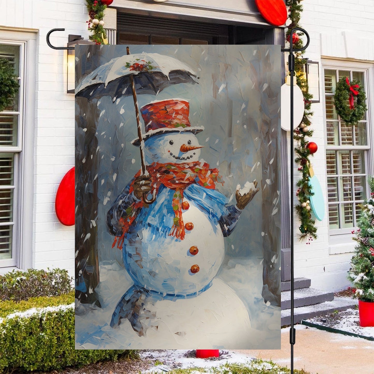 Snowman Hold Umbrella Christmas, Snowman Xmas Garden Flag & House Flag Gift