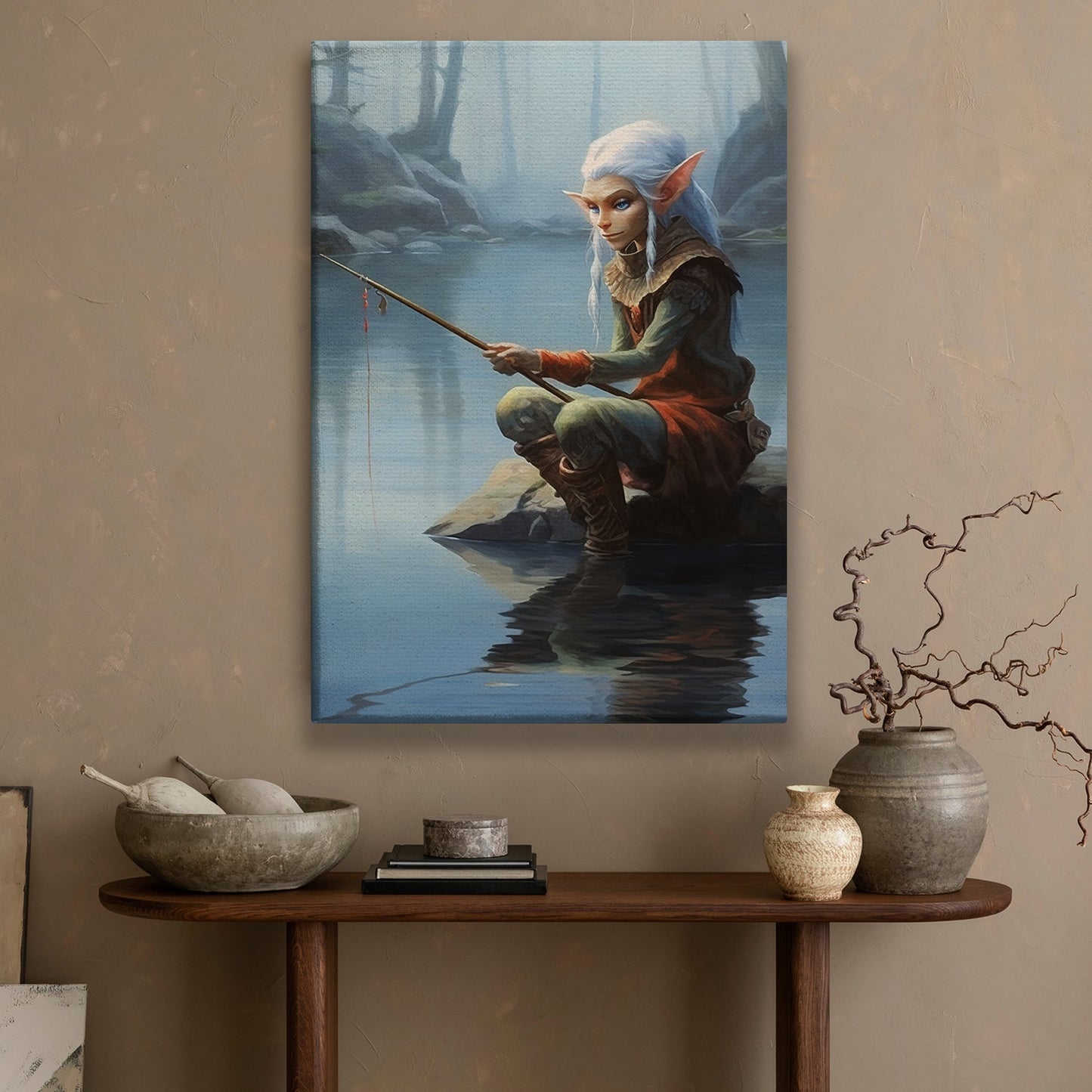 Elven Serenity Reflections by the Mystic River, Christmas Canvas Painting, Xmas Wall Art Decor - Christmas Poster Gift For Fishing Lovers