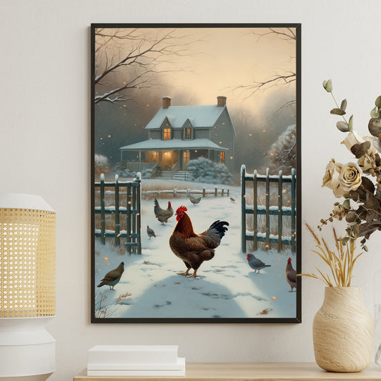 Morning Gathering A Rooster and His Flock on a Snowy Homestead, Christmas Canvas Painting, Xmas Wall Art Decor - Christmas Poster Gift For Chicken Lovers