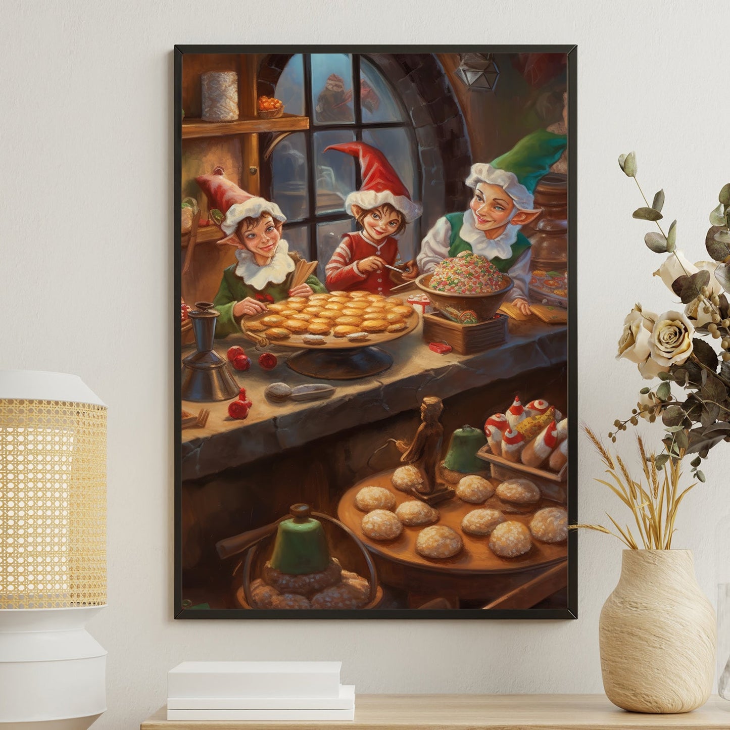 Elves' Festive Bakehouse Preparing Sweet Delights for the Holidays, Christmas Canvas Painting, Xmas Wall Art Decor - Christmas Poster Gift