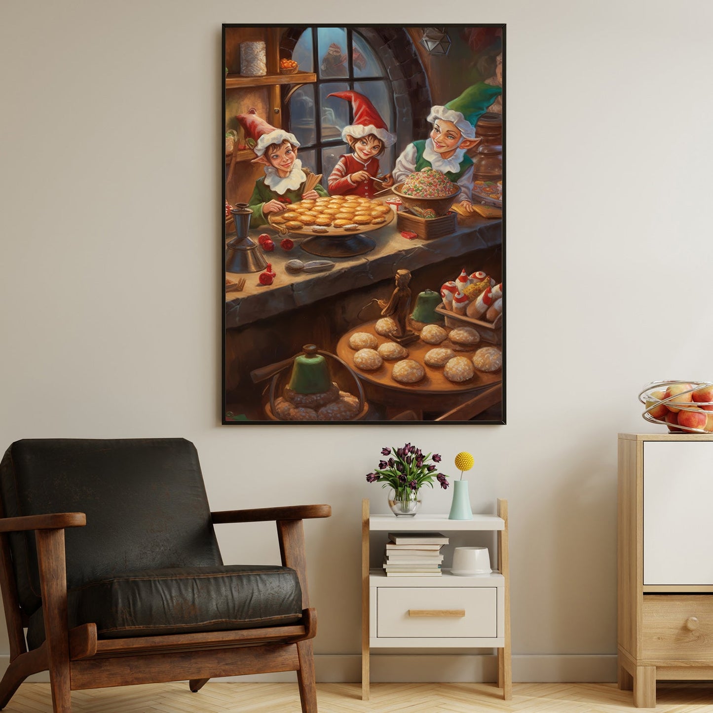 Elves' Festive Bakehouse Preparing Sweet Delights for the Holidays, Christmas Canvas Painting, Xmas Wall Art Decor - Christmas Poster Gift