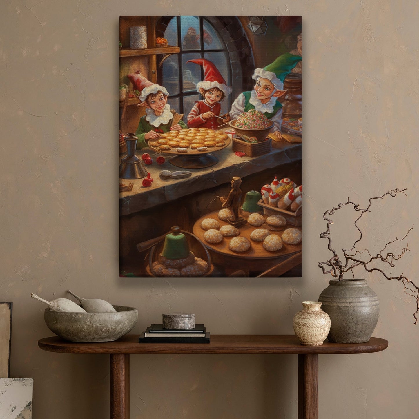 Elves' Festive Bakehouse Preparing Sweet Delights for the Holidays, Christmas Canvas Painting, Xmas Wall Art Decor - Christmas Poster Gift