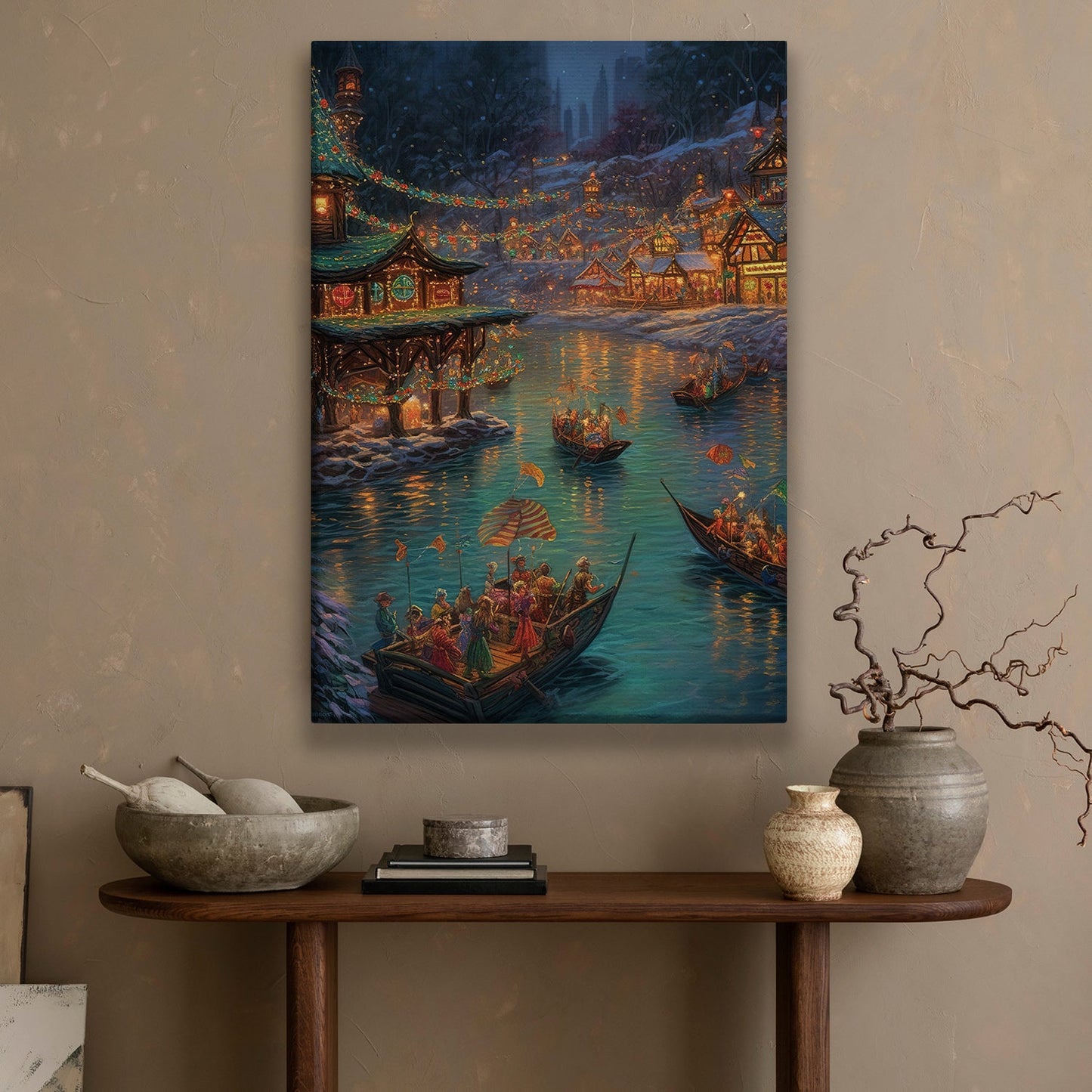 Enchanted Lantern Festival A Mesmerizing Evening by the Lake, Christmas Canvas Painting, Xmas Wall Art Decor - Christmas Poster Gift