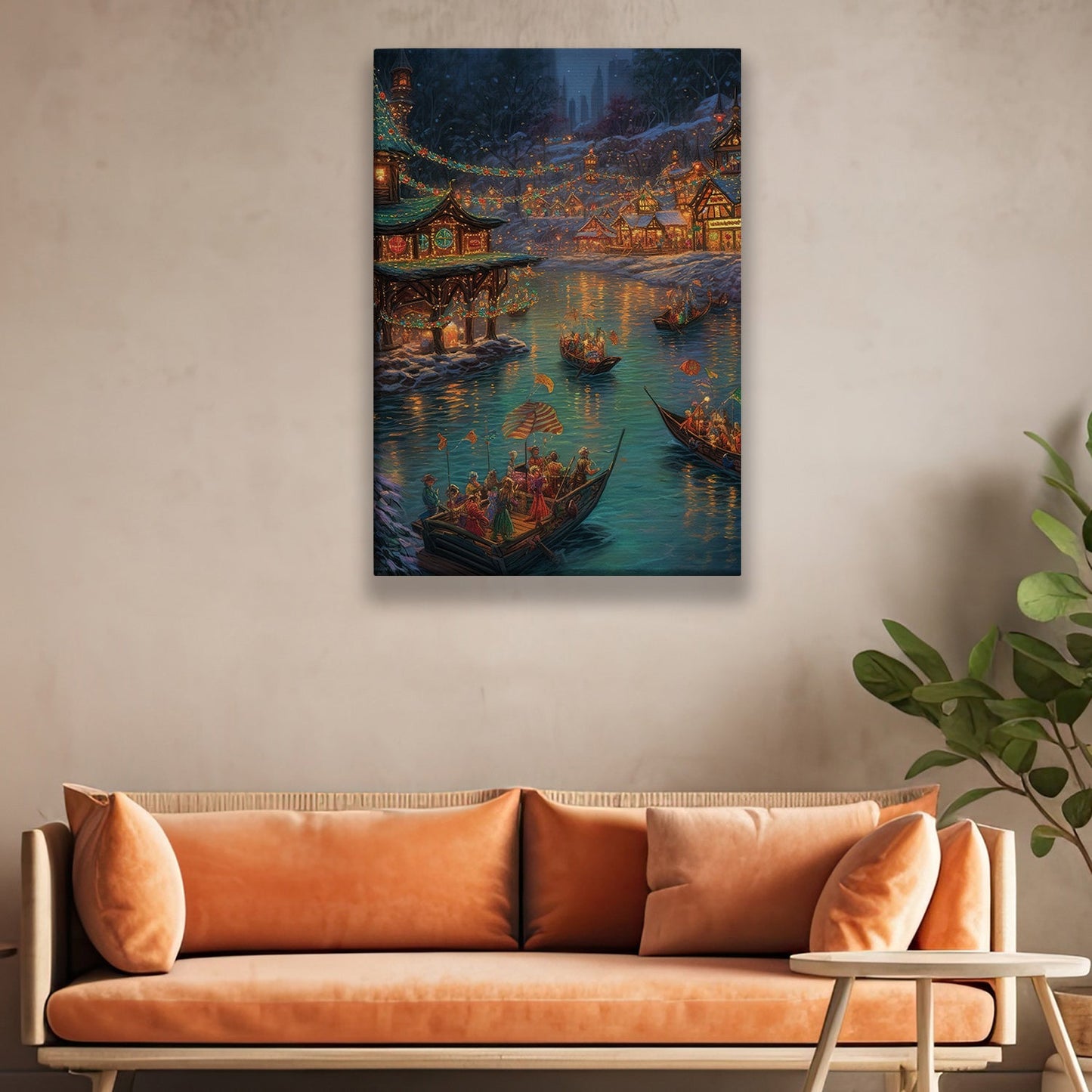 Enchanted Lantern Festival A Mesmerizing Evening by the Lake, Christmas Canvas Painting, Xmas Wall Art Decor - Christmas Poster Gift