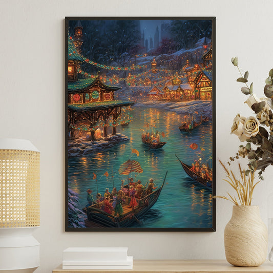 Enchanted Lantern Festival A Mesmerizing Evening by the Lake, Christmas Canvas Painting, Xmas Wall Art Decor - Christmas Poster Gift