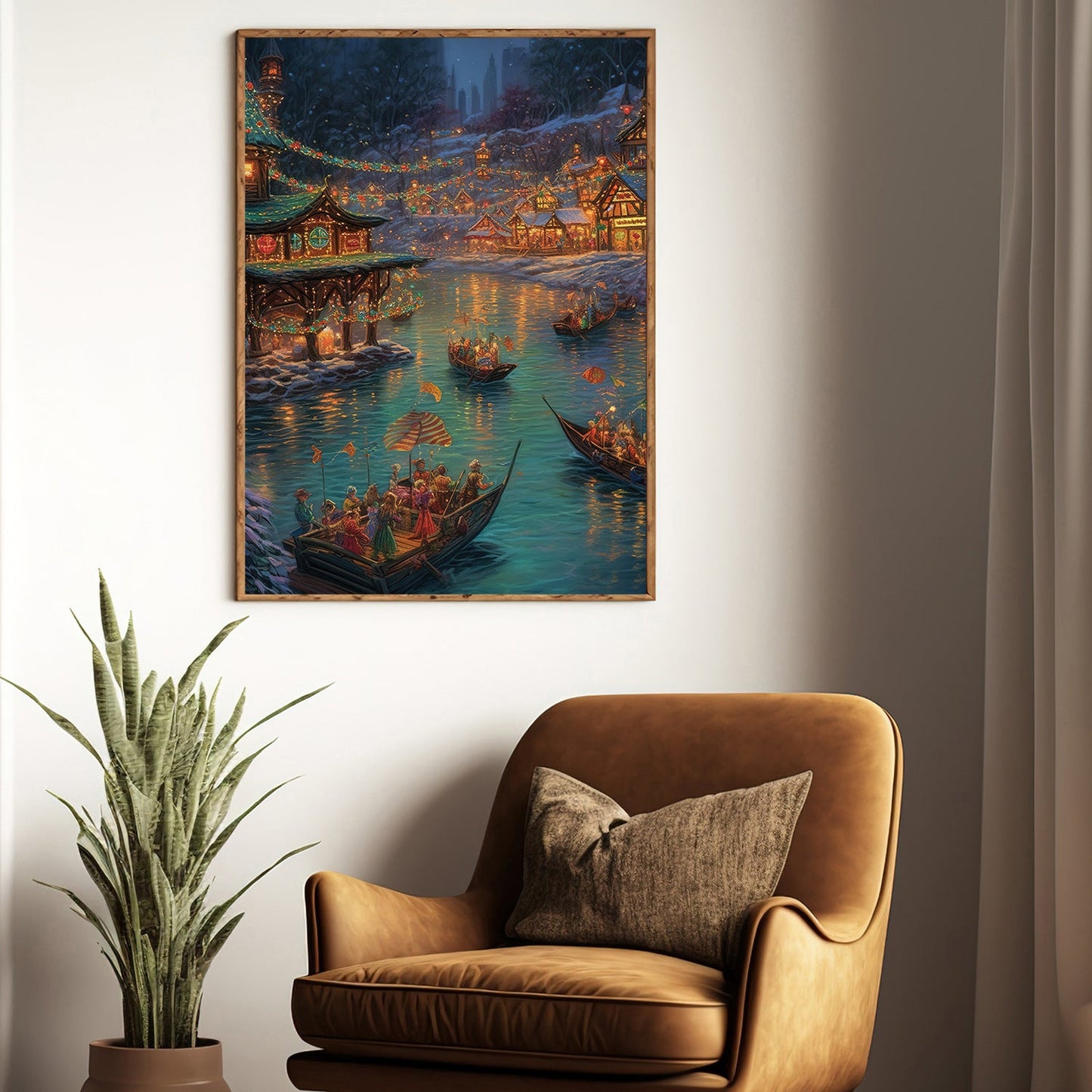 Enchanted Lantern Festival A Mesmerizing Evening by the Lake, Christmas Canvas Painting, Xmas Wall Art Decor - Christmas Poster Gift