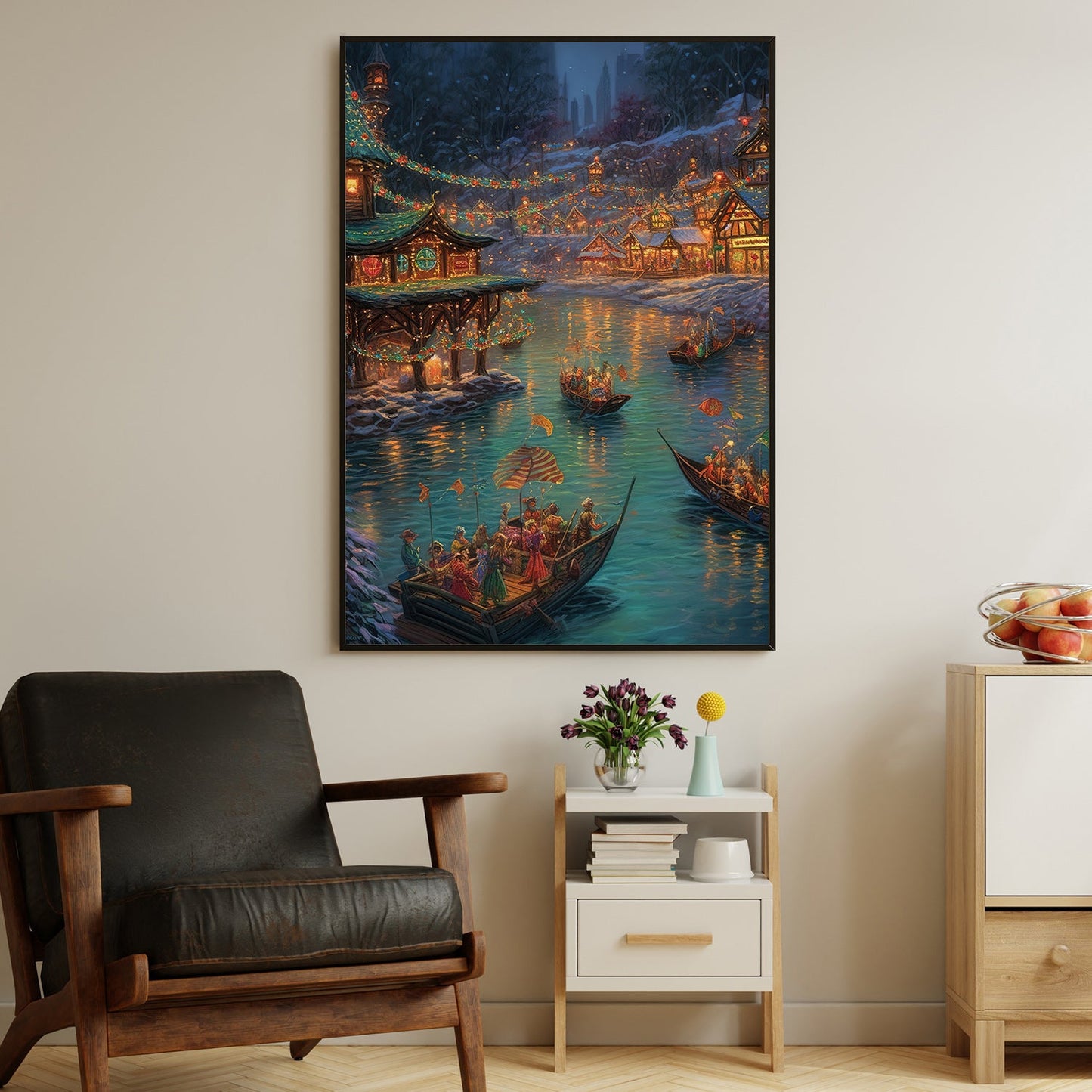 Enchanted Lantern Festival A Mesmerizing Evening by the Lake, Christmas Canvas Painting, Xmas Wall Art Decor - Christmas Poster Gift