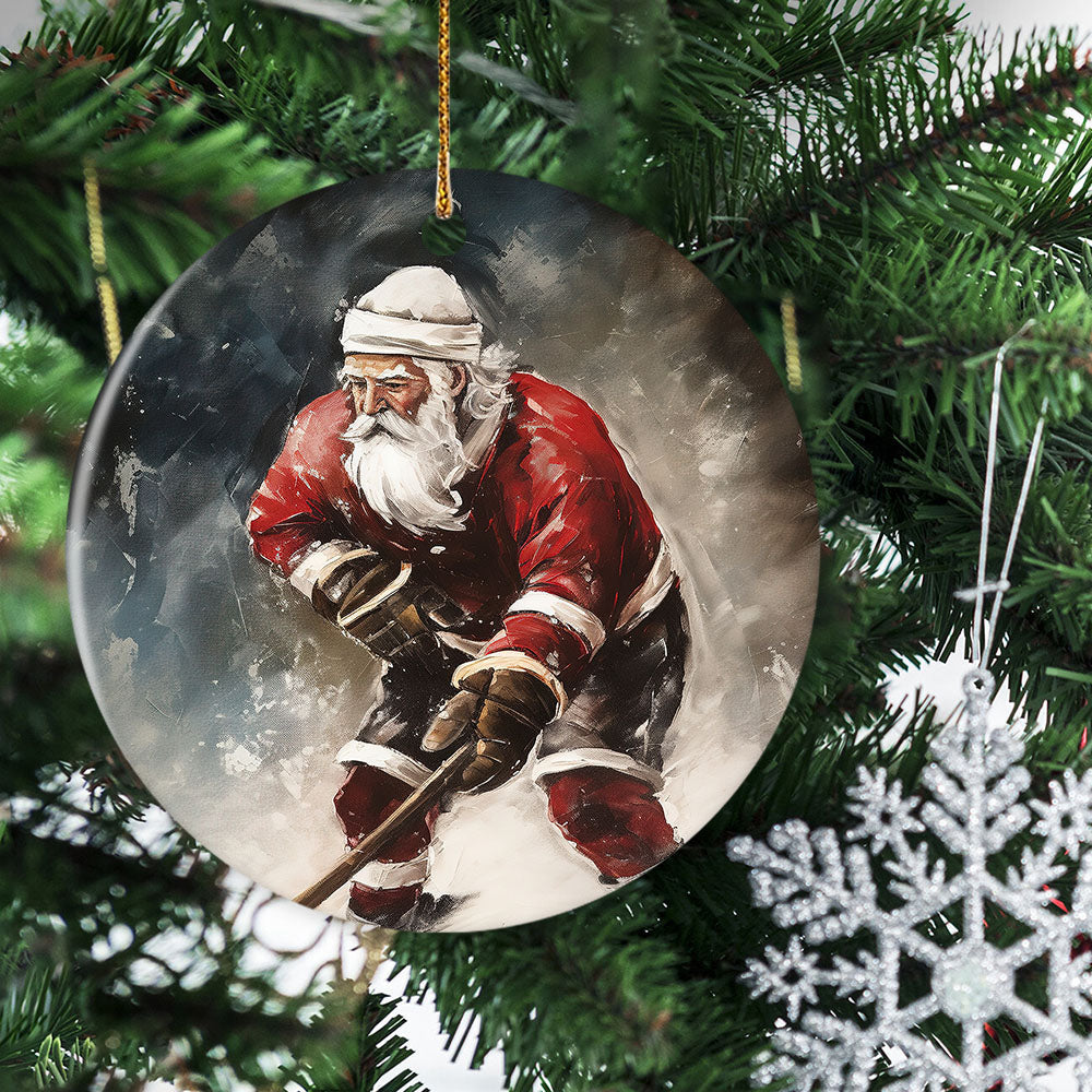 Santa's Off-Season Ice Hockey Star, Santa Claus Circle Ceramic Ornament Christmas Gift For Hockey Lovers