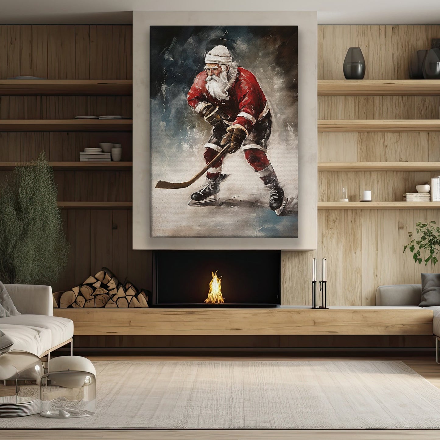 Santa's Off-Season Ice Hockey Star, Christmas Canvas Painting, Xmas Wall Art Decor - Christmas Poster Gift For Hockey Lovers