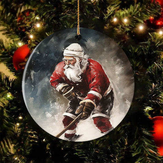 Santa's Off-Season Ice Hockey Star, Santa Claus Circle Ceramic Ornament Christmas Gift For Hockey Lovers