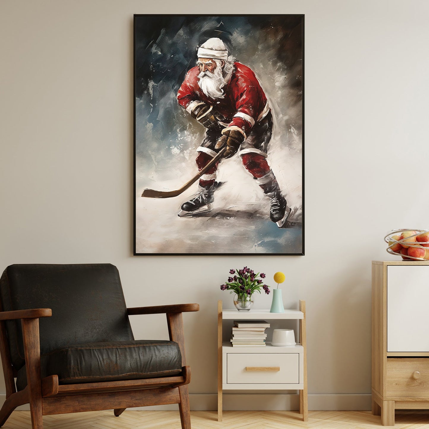 Santa's Off-Season Ice Hockey Star, Christmas Canvas Painting, Xmas Wall Art Decor - Christmas Poster Gift For Hockey Lovers