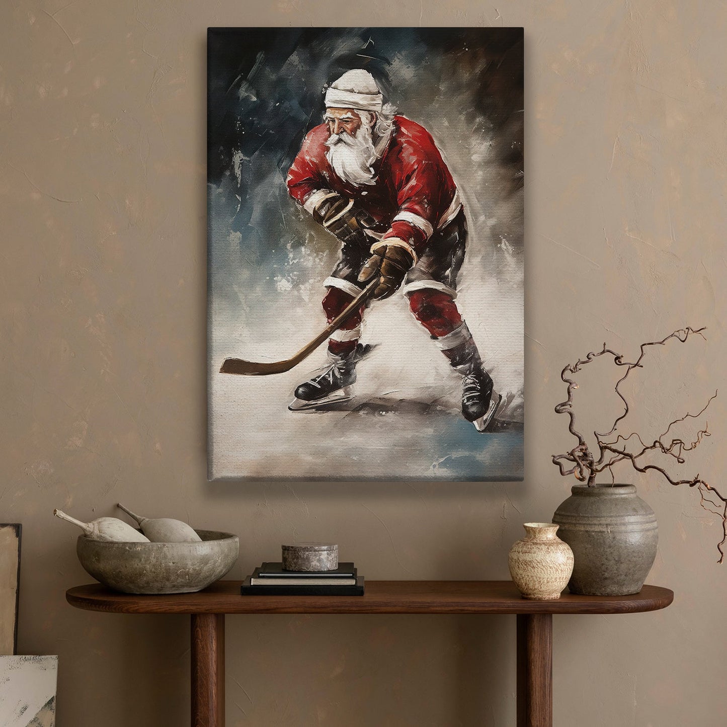 Santa's Off-Season Ice Hockey Star, Christmas Canvas Painting, Xmas Wall Art Decor - Christmas Poster Gift For Hockey Lovers