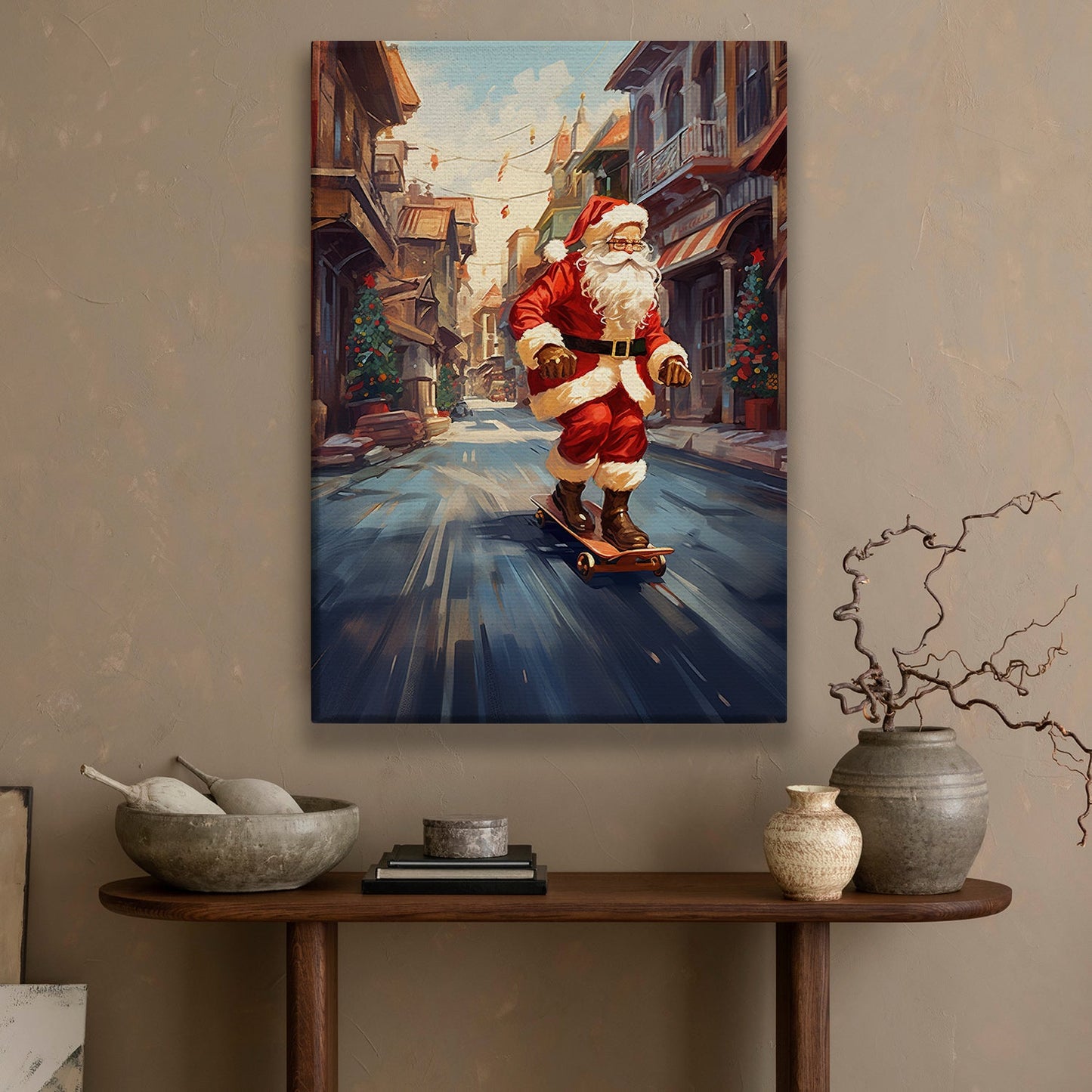 Skating Through the Season Santa's Urban Ride, Christmas Canvas Painting, Xmas Wall Art Decor - Christmas Poster Gift For Skating Lovers