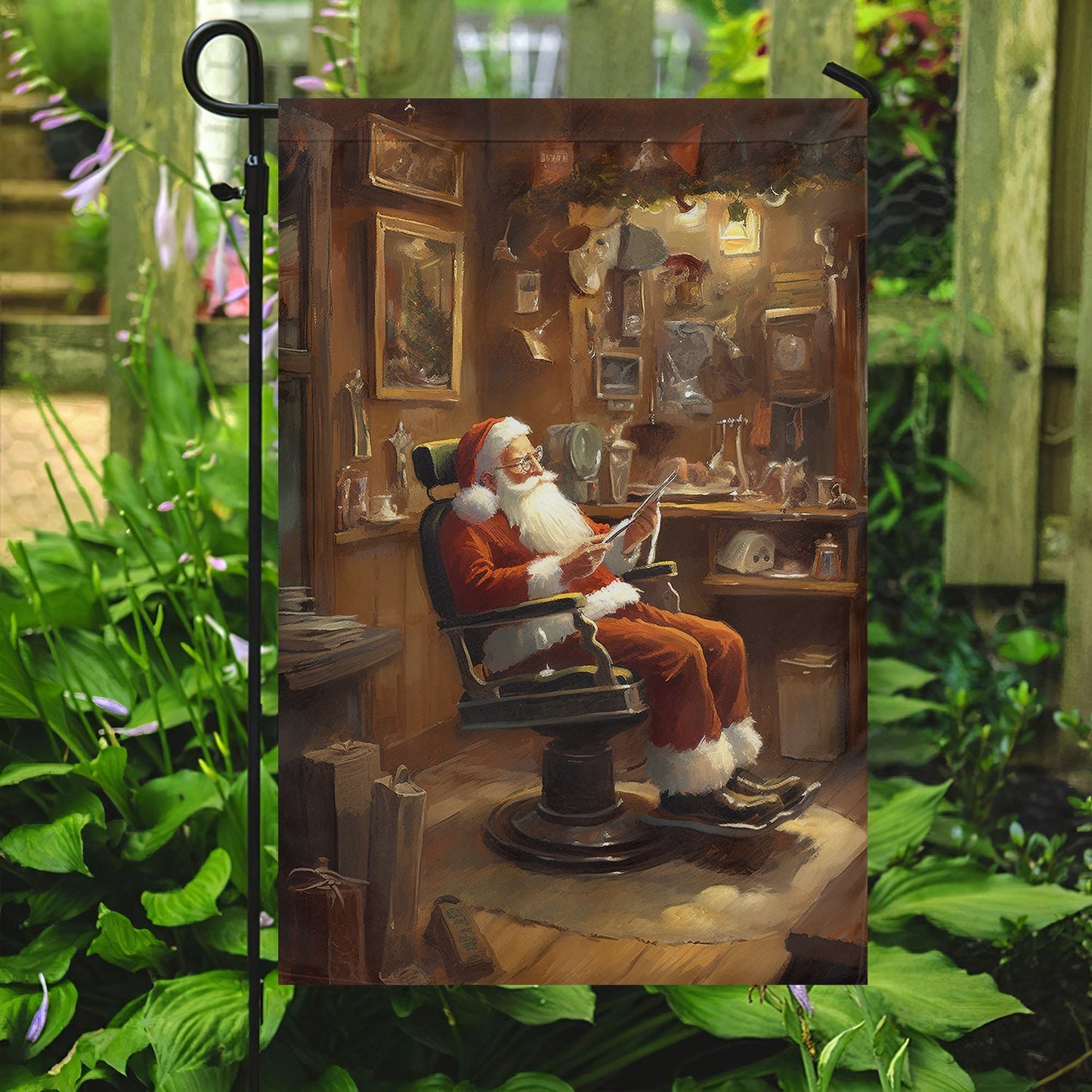 Funny Santa Claus Is Sitting Studying Christmas, Santa Claus Xmas Garden Flag & House Flag Gift