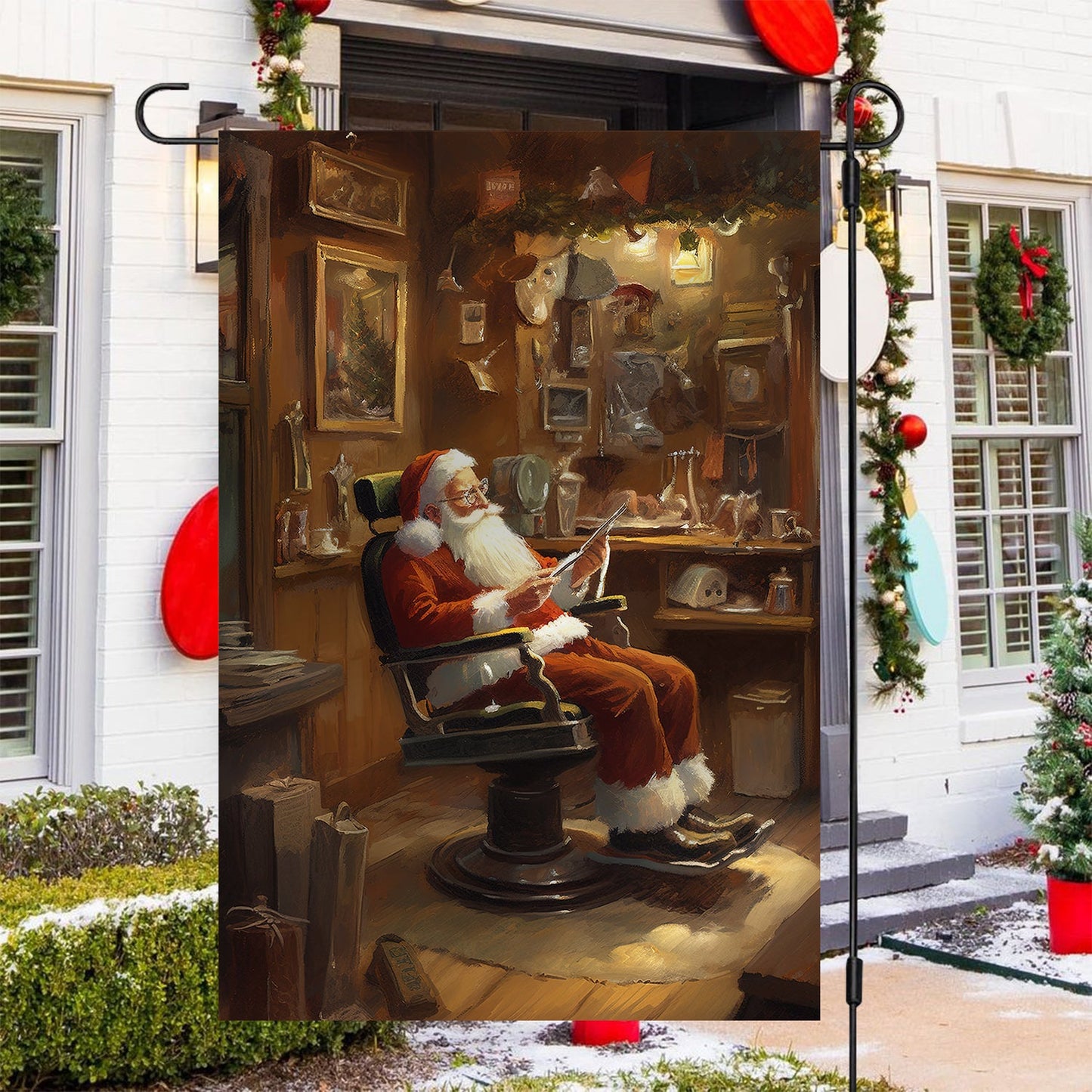 Funny Santa Claus Is Sitting Studying Christmas, Santa Claus Xmas Garden Flag & House Flag Gift