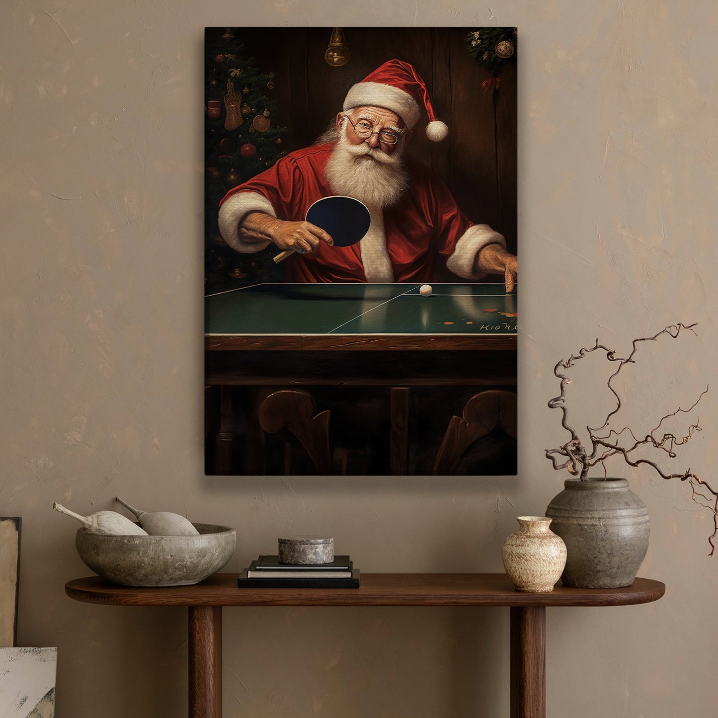 Santa's Game Night Serving Up Festive Fun, Christmas Canvas Painting, Xmas Wall Art Decor - Christmas Poster Gift For Ping Pong Lovers