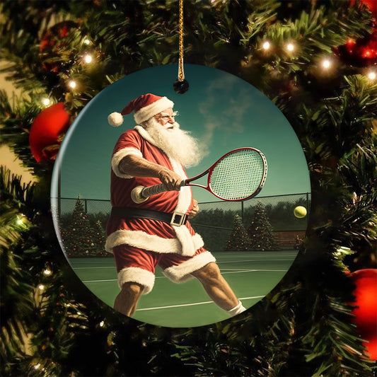 Santa's Grand Slam A Festive Match Under the Starry Night, Santa Claus Circle Ceramic Ornament Christmas Gift For Tennis Lovers
