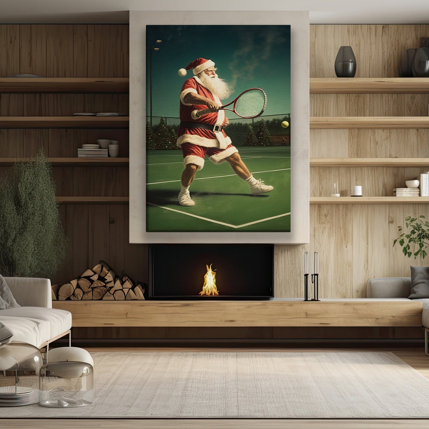 Santa's Grand Slam A Festive Match Under the Starry Night, Christmas Canvas Painting, Xmas Wall Art Decor - Christmas Poster Gift For Tennis Lovers