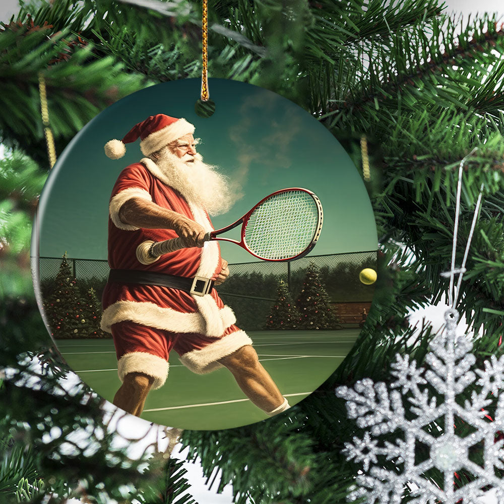 Santa's Grand Slam A Festive Match Under the Starry Night, Santa Claus Circle Ceramic Ornament Christmas Gift For Tennis Lovers