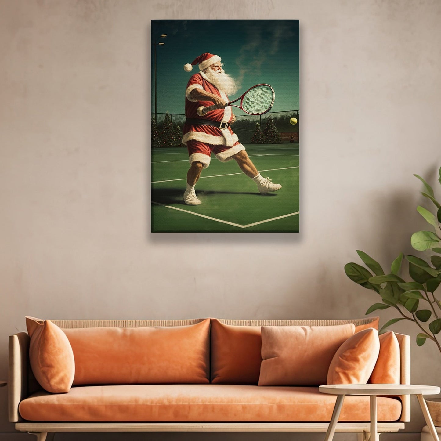 Santa's Grand Slam A Festive Match Under the Starry Night, Christmas Canvas Painting, Xmas Wall Art Decor - Christmas Poster Gift For Tennis Lovers