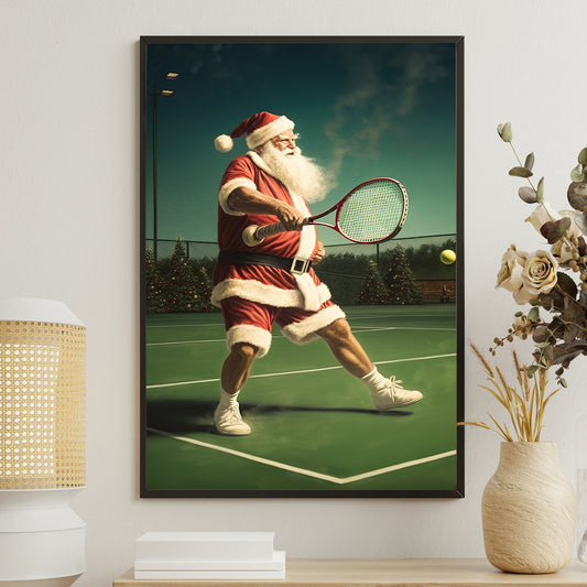 Santa's Grand Slam A Festive Match Under the Starry Night, Christmas Canvas Painting, Xmas Wall Art Decor - Christmas Poster Gift For Tennis Lovers