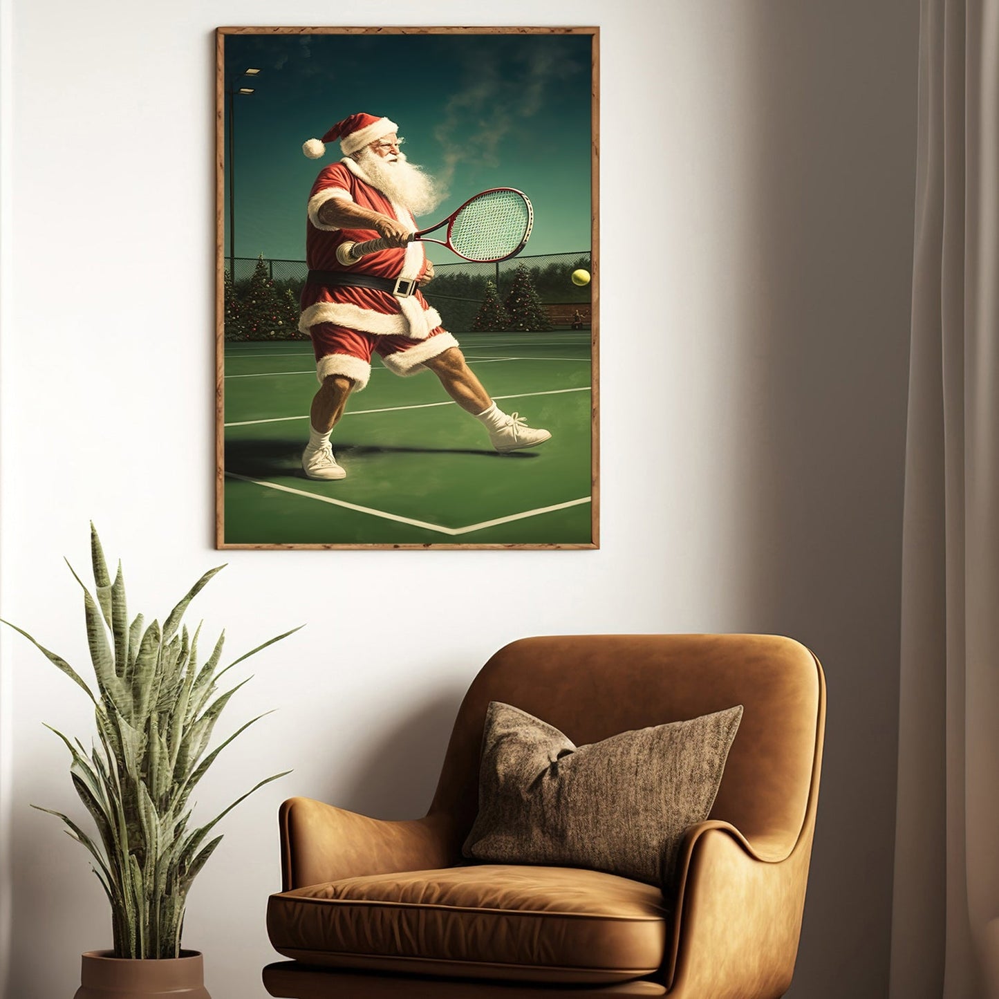 Santa's Grand Slam A Festive Match Under the Starry Night, Christmas Canvas Painting, Xmas Wall Art Decor - Christmas Poster Gift For Tennis Lovers