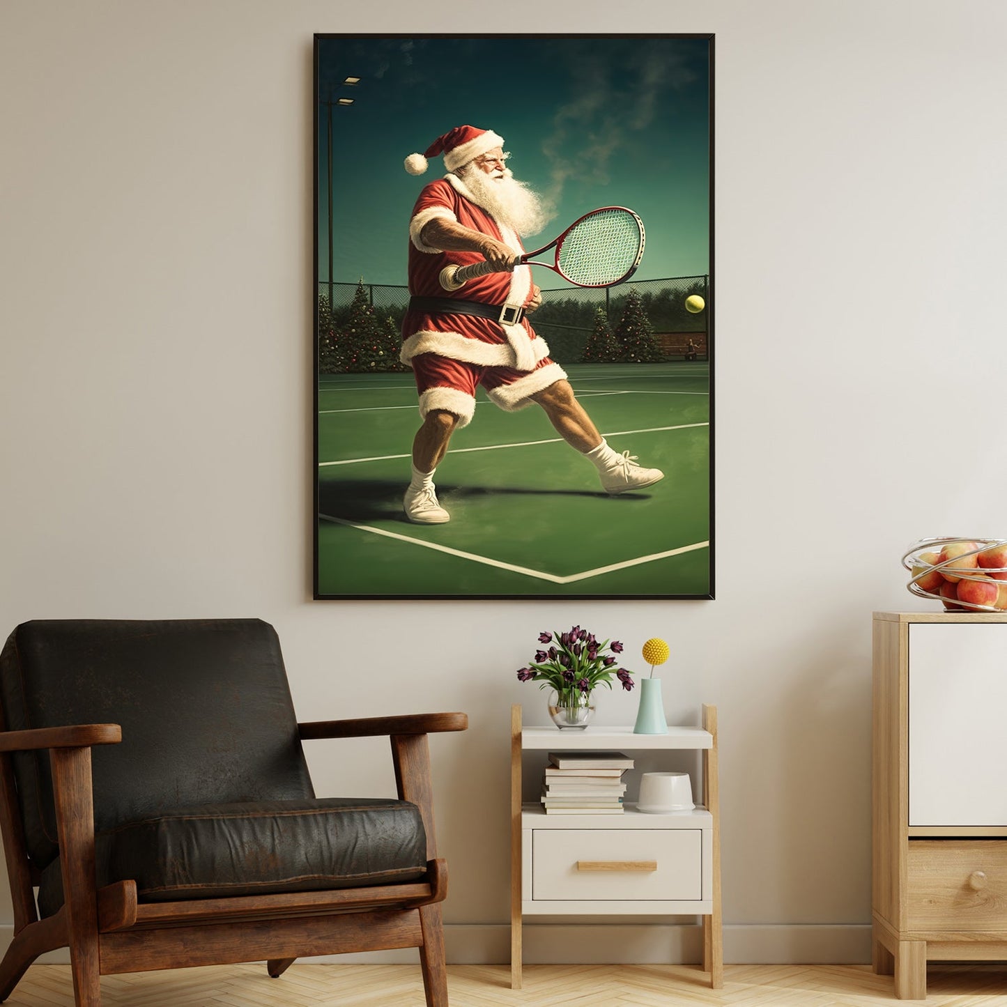 Santa's Grand Slam A Festive Match Under the Starry Night, Christmas Canvas Painting, Xmas Wall Art Decor - Christmas Poster Gift For Tennis Lovers