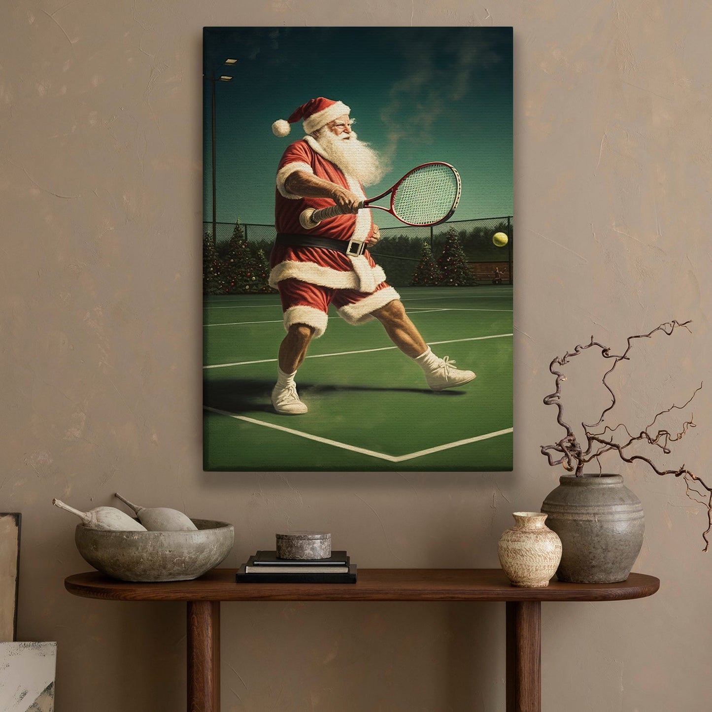 Santa's Grand Slam A Festive Match Under the Starry Night, Christmas Canvas Painting, Xmas Wall Art Decor - Christmas Poster Gift For Tennis Lovers