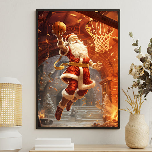 Santa's Slam Dunk Yuletide Hoops in a Winter Wonderland, Christmas Canvas Painting, Xmas Wall Art Decor - Christmas Poster Gift For Basketball Lovers