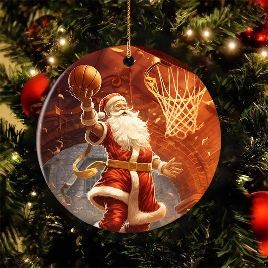 Yuletide Hoops in a Winter Wonderland, Santa Claus Circle Ceramic Ornament Christmas Gift For Basketball Lovers