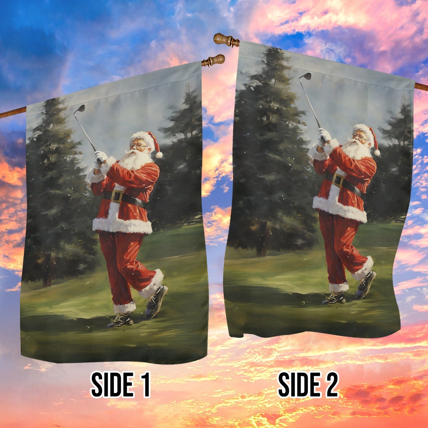 Funny Santa Claus Is Playing Golf Christmas, Santa Claus Xmas Garden Flag & House Flag Gift