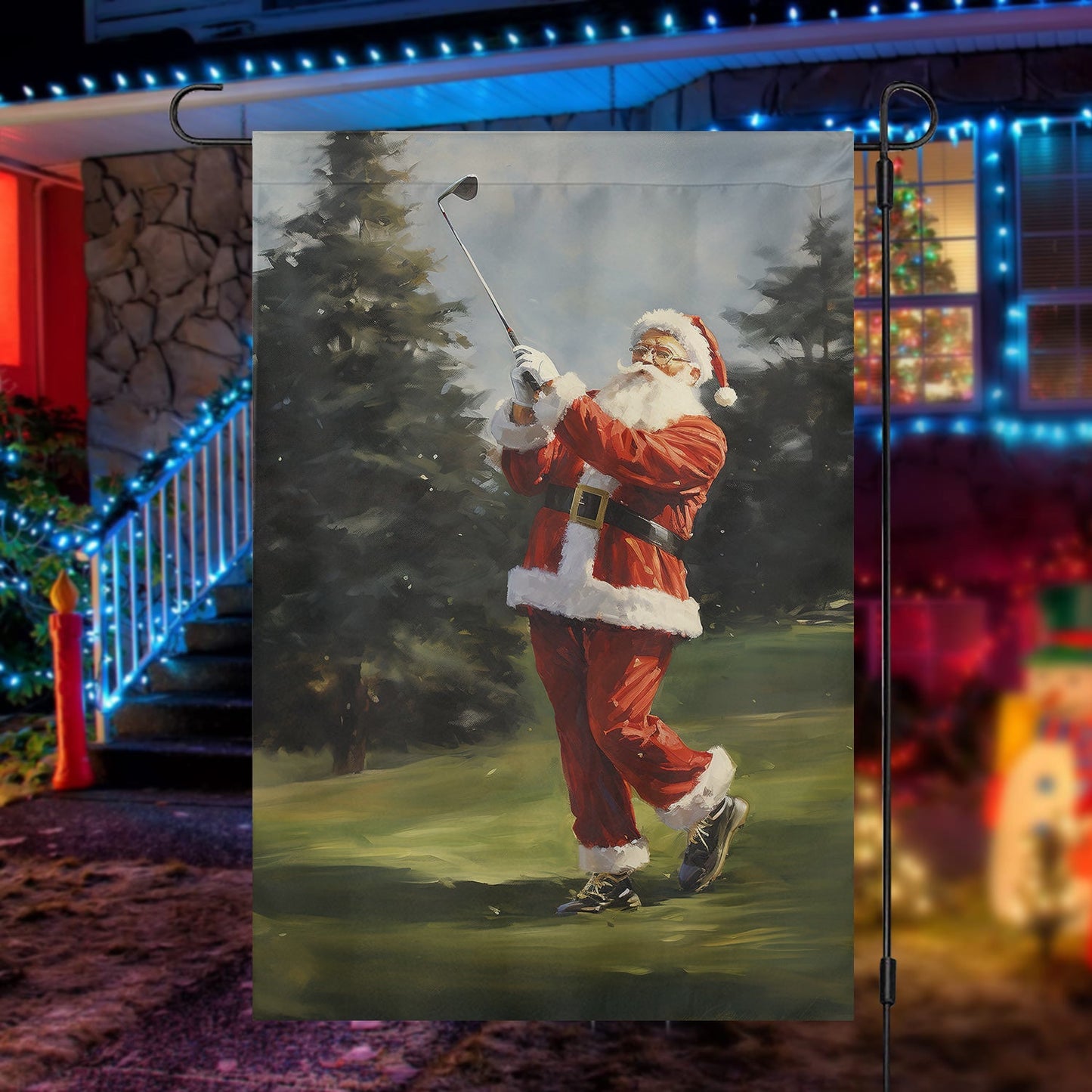 Funny Santa Claus Is Playing Golf Christmas, Santa Claus Xmas Garden Flag & House Flag Gift