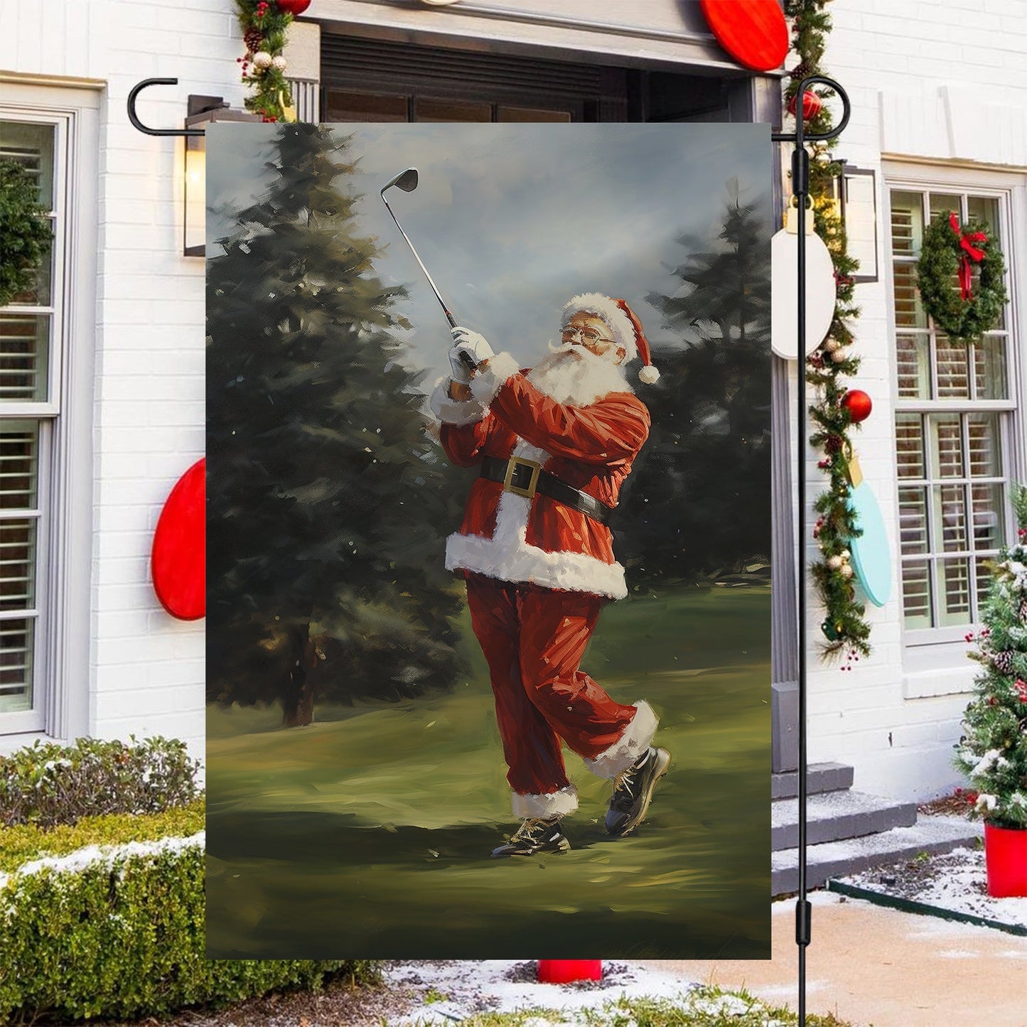 Funny Santa Claus Is Playing Golf Christmas, Santa Claus Xmas Garden Flag & House Flag Gift