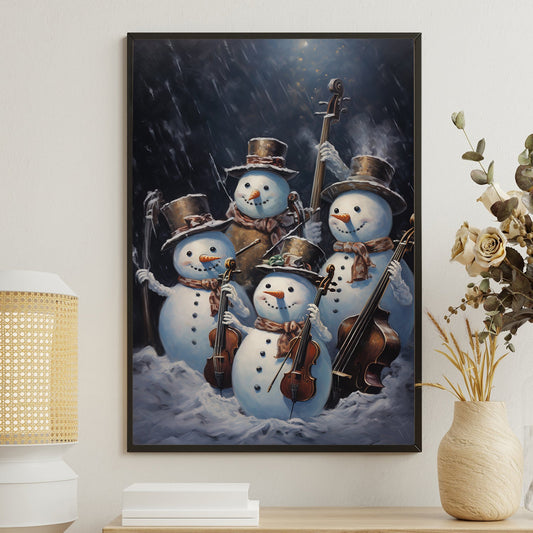 Snowy Serenade The Winter Quartet's Midnight Performance, Christmas Canvas Painting, Xmas Wall Art Decor - Christmas Poster Gift For Snowman Lovers